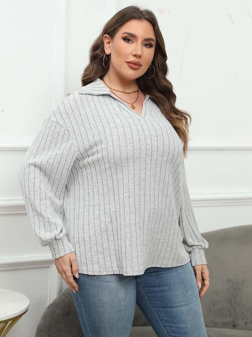 Plus Size Ribbed Collared Neck Long Sleeve Blouse BLUE ZONE PLANET