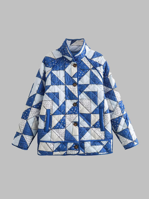 Geometric Button Up Puffer Jacket with Pockets BLUE ZONE PLANET
