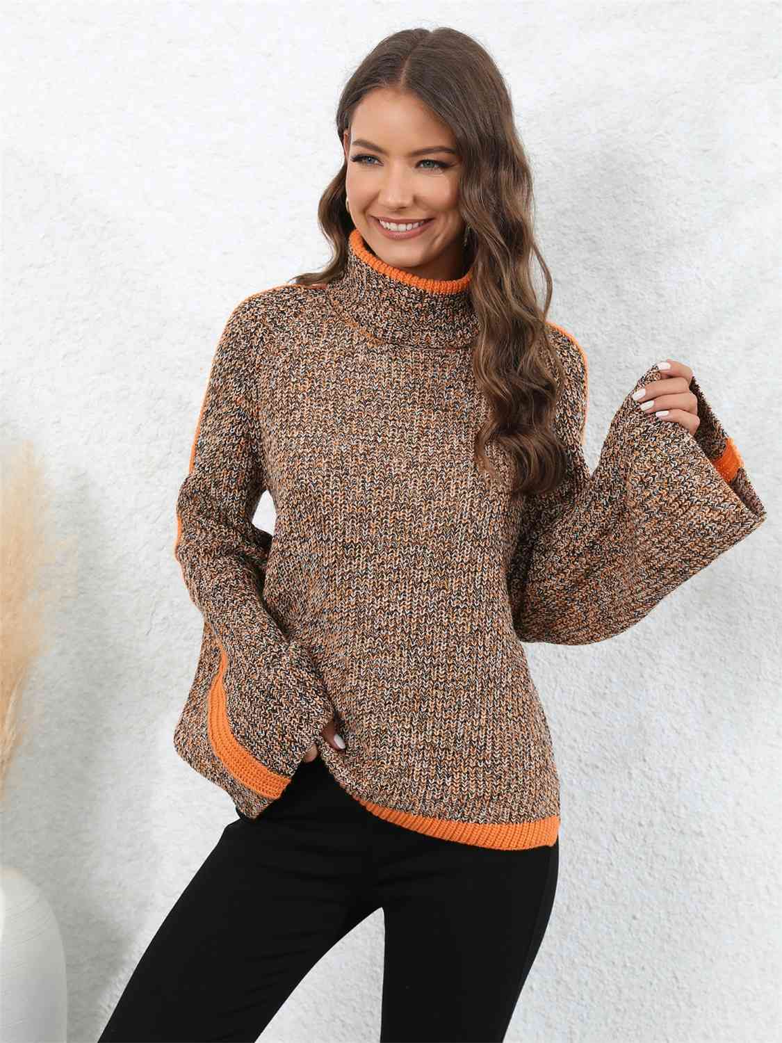 Heathered Turtleneck Long Sleeve Sweater BLUE ZONE PLANET