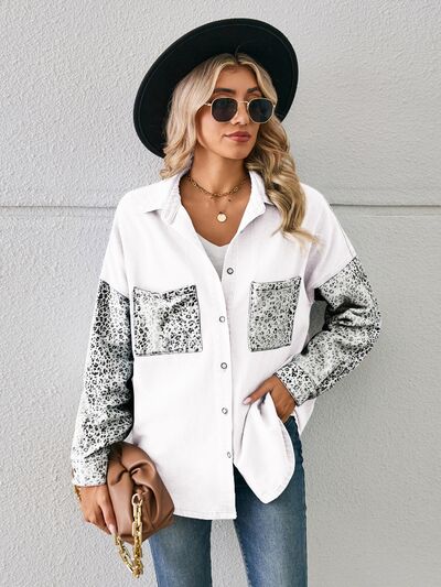 Leopard Button Up Denim Jacket BLUE ZONE PLANET