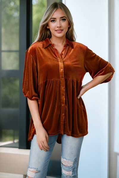 Blue Zone Planet | Tiered Button Up Collared Neck Shirt BLUE ZONE PLANET