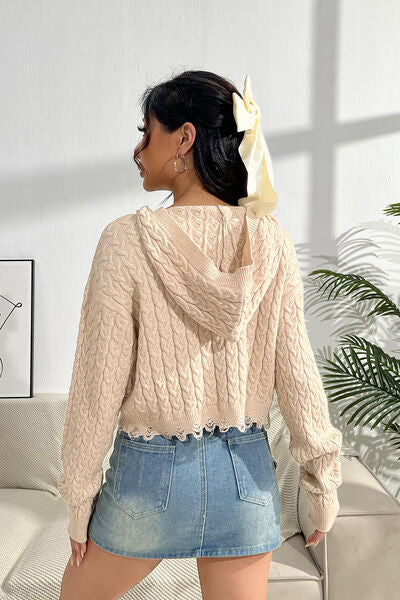 Blue Zone Planet | Cable-Knit Dropped Shoulder Hooded Sweater BLUE ZONE PLANET