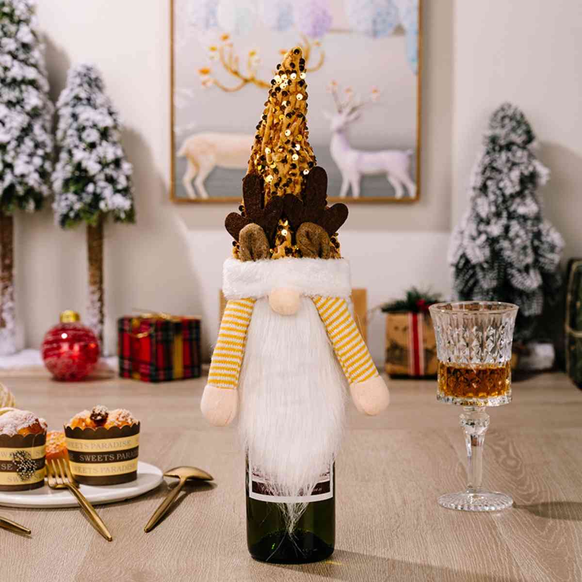 Sequin Pointed Hat Faceless Gnome Wine Bottle Cover BLUE ZONE PLANET