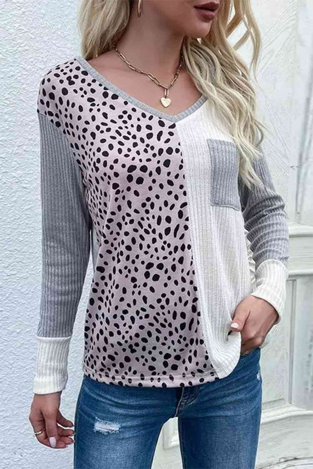 Color Block V-Neck Ribbed Top with Pocket BLUE ZONE PLANET