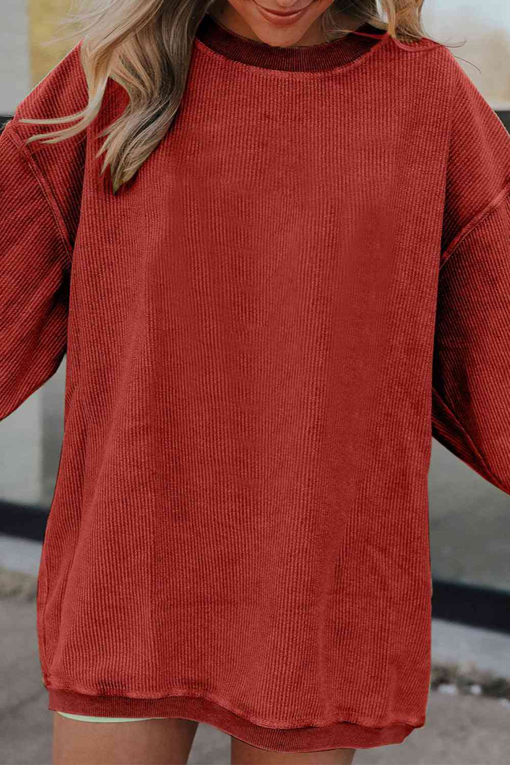 Ribbed Round Neck Drop Shoulder Sweatshirt BLUE ZONE PLANET