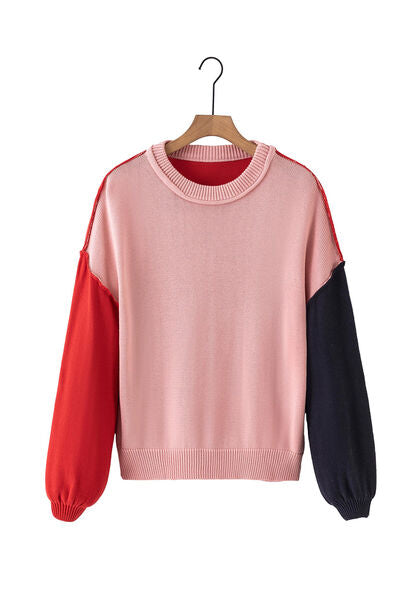 Blue Zone Planet | Contrast Round Neck Dropped Shoulder Sweater BLUE ZONE PLANET