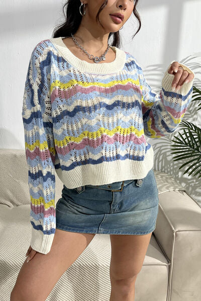 Blue Zone Planet | Striped Openwork Dropped Shoulder Sweater BLUE ZONE PLANET