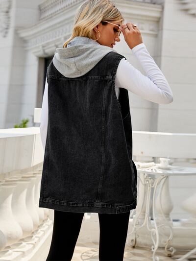 Drawstring Pocketed Button Up Sleeveless Denim Jacket Trendsi