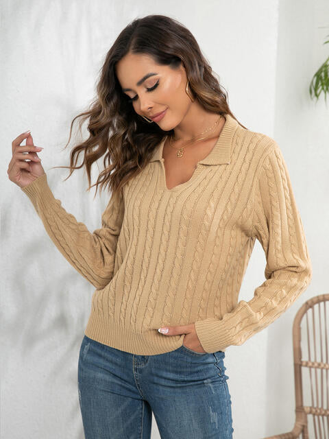 Johnny Collar Cable-Knit Long Sleeve Sweater BLUE ZONE PLANET
