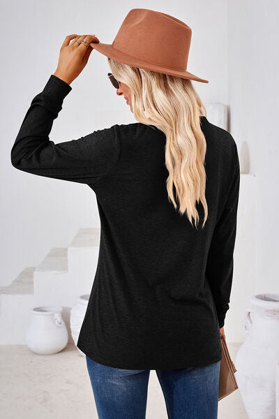 Notched Button Detail Long Sleeve T-Shirt Trendsi