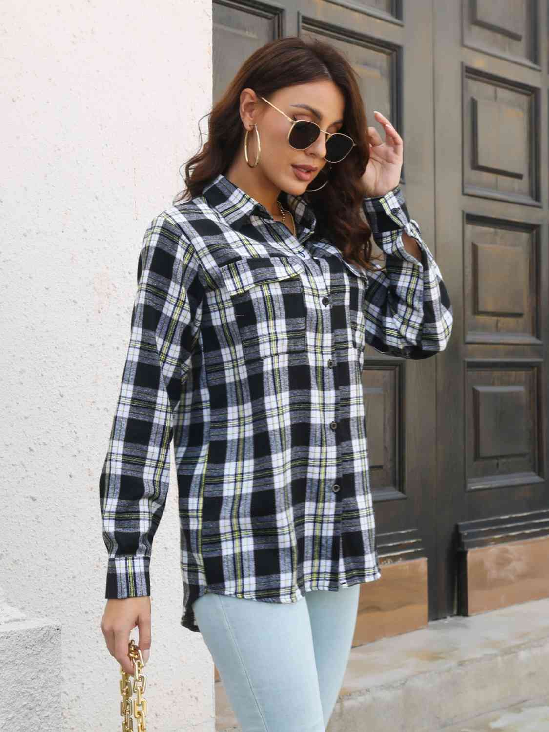 Plaid Collared Neck Buttoned Shirt with Pockets BLUE ZONE PLANET