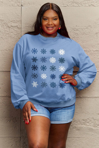 Blue Zone Planet | Simply Love Full Size Snowflakes Round Neck Sweatshirt BLUE ZONE PLANET