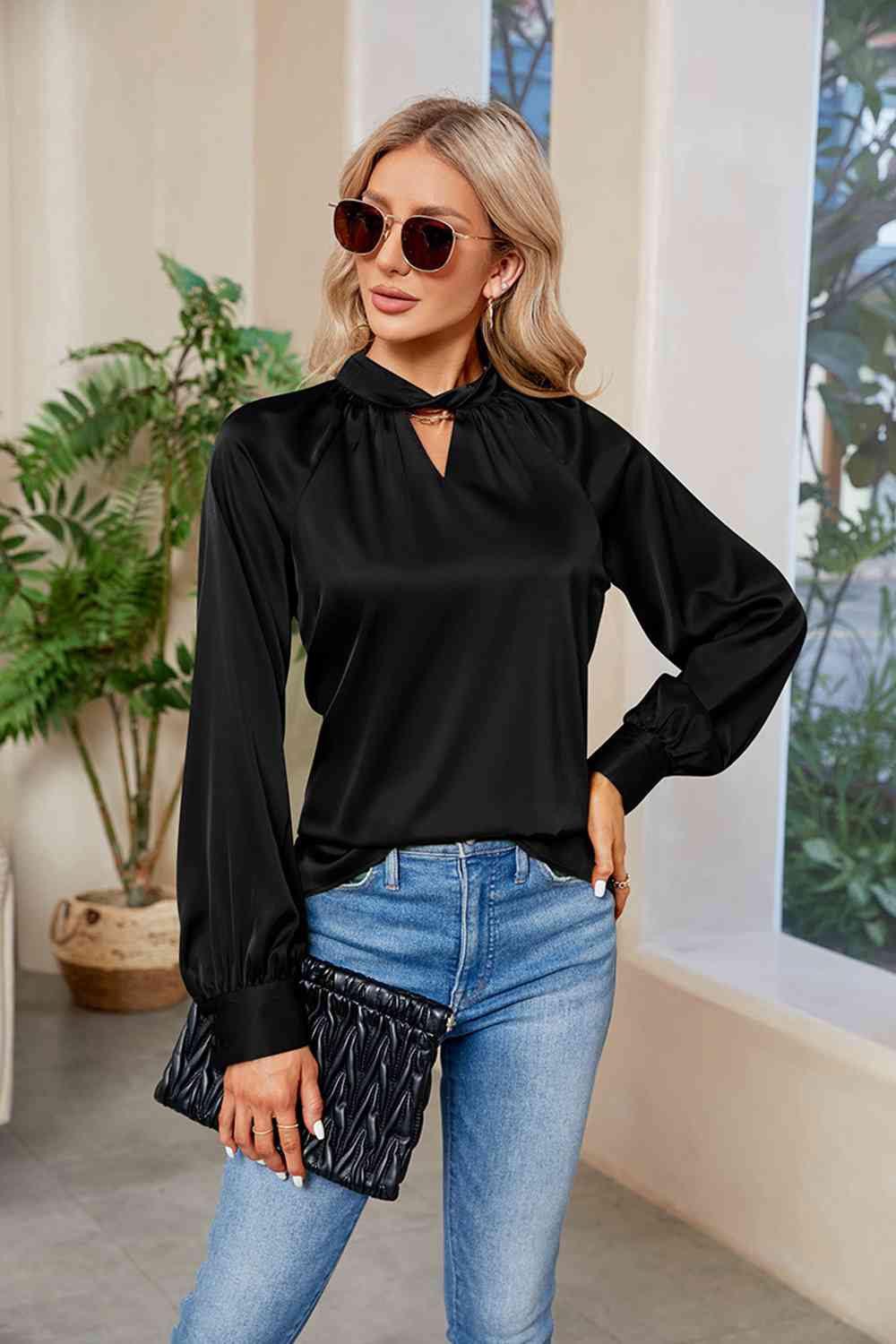 Cutout Mock Neck Long Sleeve Top BLUE ZONE PLANET