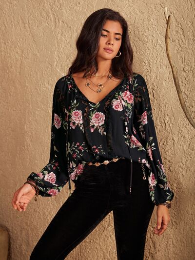 Blue Zone Planet | Flower Printed Tie Neck Long Sleeve Blouse BLUE ZONE PLANET