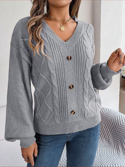 Blue Zone Planet | Cable-Knit Buttoned V-Neck Sweater BLUE ZONE PLANET