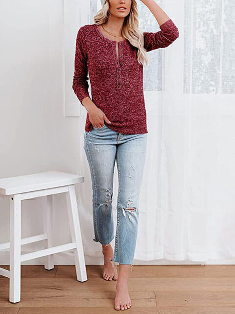 Round Neck Buttoned Long Sleeve T-Shirt BLUE ZONE PLANET
