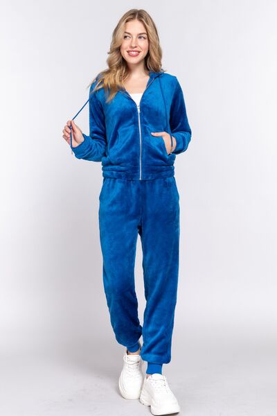 ACTIVE BASIC Faux Fur Zip Up Long Sleeve Hoodie and Joggers Set BLUE ZONE PLANET