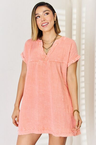 Zenana Washed Nochted Rolled Short Sleeve Dress BLUE ZONE PLANET