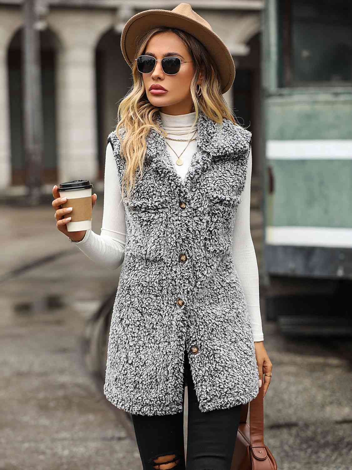 Full Size Button Down Collared Neck Vest BLUE ZONE PLANET
