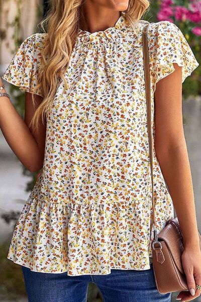Blue Zone Planet | Ditsy Floral Peplum Short Sleeve Blouse BLUE ZONE PLANET