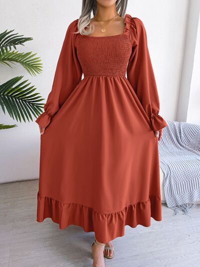 Smocked Square Neck Flounce Sleeve Dress BLUE ZONE PLANET