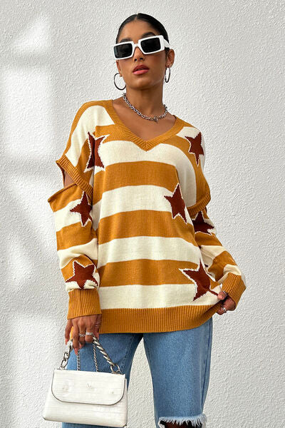 Blue Zone Planet | Star Pattern V-Neck Cutout Sweater BLUE ZONE PLANET