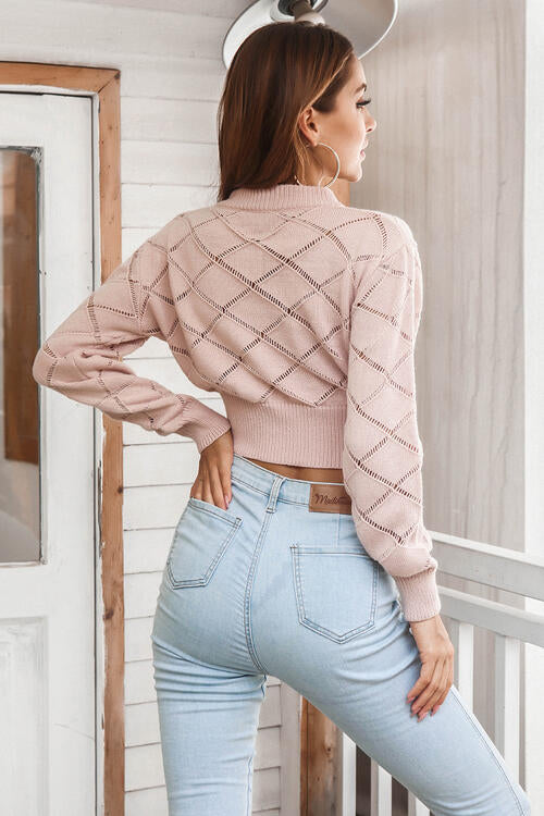 Openwork Plaid Round Neck Cropped Sweater BLUE ZONE PLANET