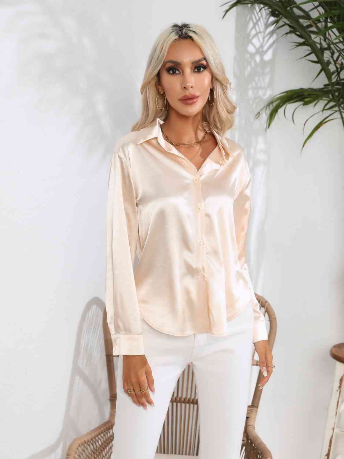 Collared Neck Buttoned Long Sleeve Shirt BLUE ZONE PLANET