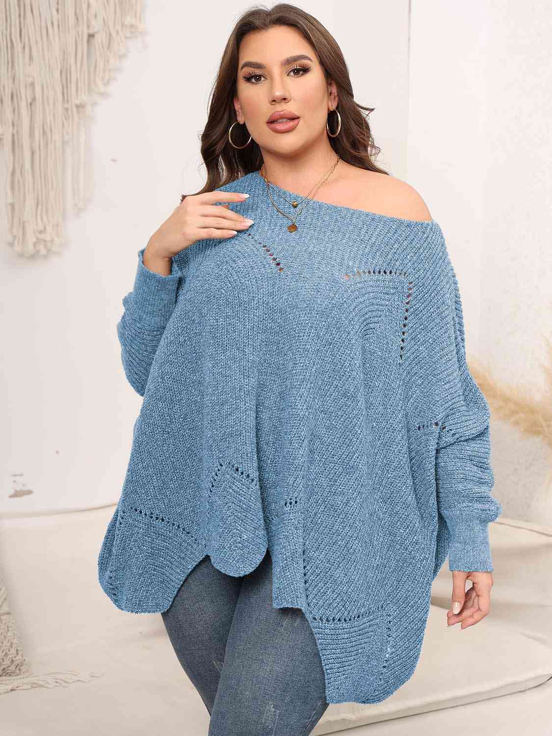 Plus Size Round Neck Batwing Sleeve Sweater BLUE ZONE PLANET