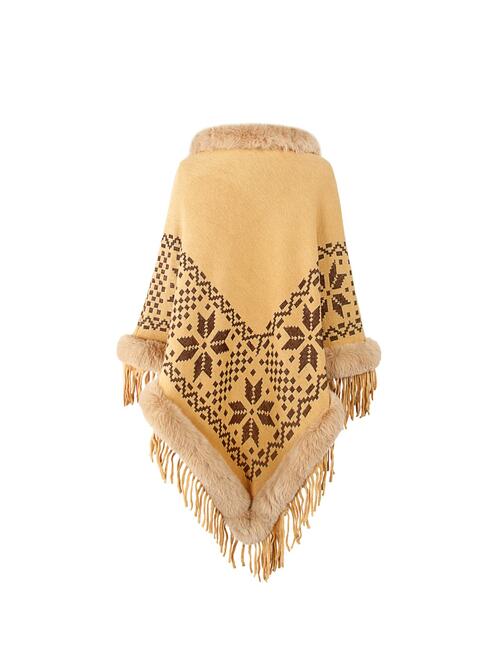 Fringe Geometric Cape Sleeve Poncho BLUE ZONE PLANET
