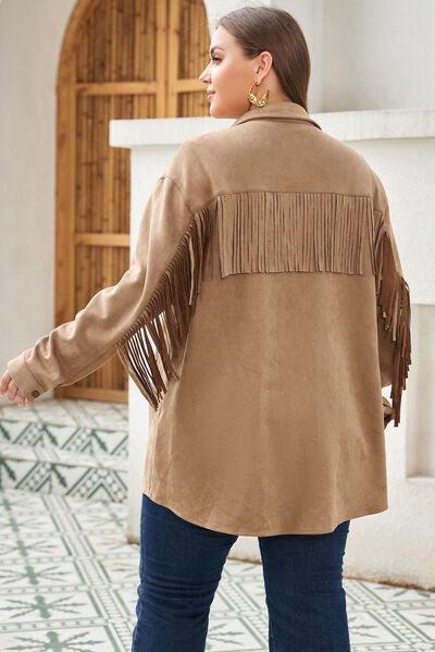 Blue Zone Planet | Plus Size Fringe Trim Snap Down Long Sleeve Shacket BLUE ZONE PLANET