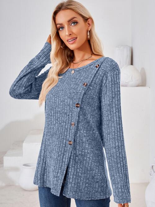Ribbed Buttoned Round Neck Slit T-Shirt BLUE ZONE PLANET