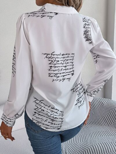 Blue Zone Planet | Letter Printed Button Up Long Sleeve Blouse BLUE ZONE PLANET