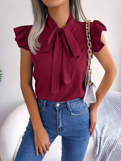 Tie Neck Cap Sleeve Blouse BLUE ZONE PLANET