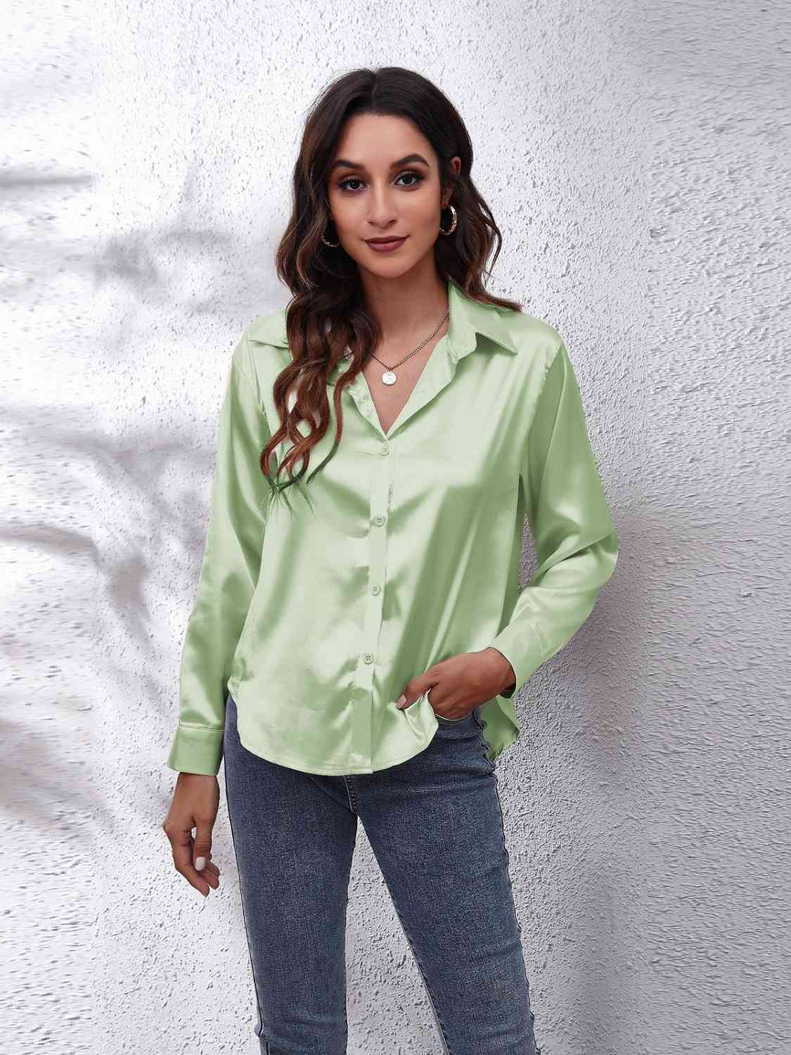 Collared Neck Buttoned Long Sleeve Shirt BLUE ZONE PLANET