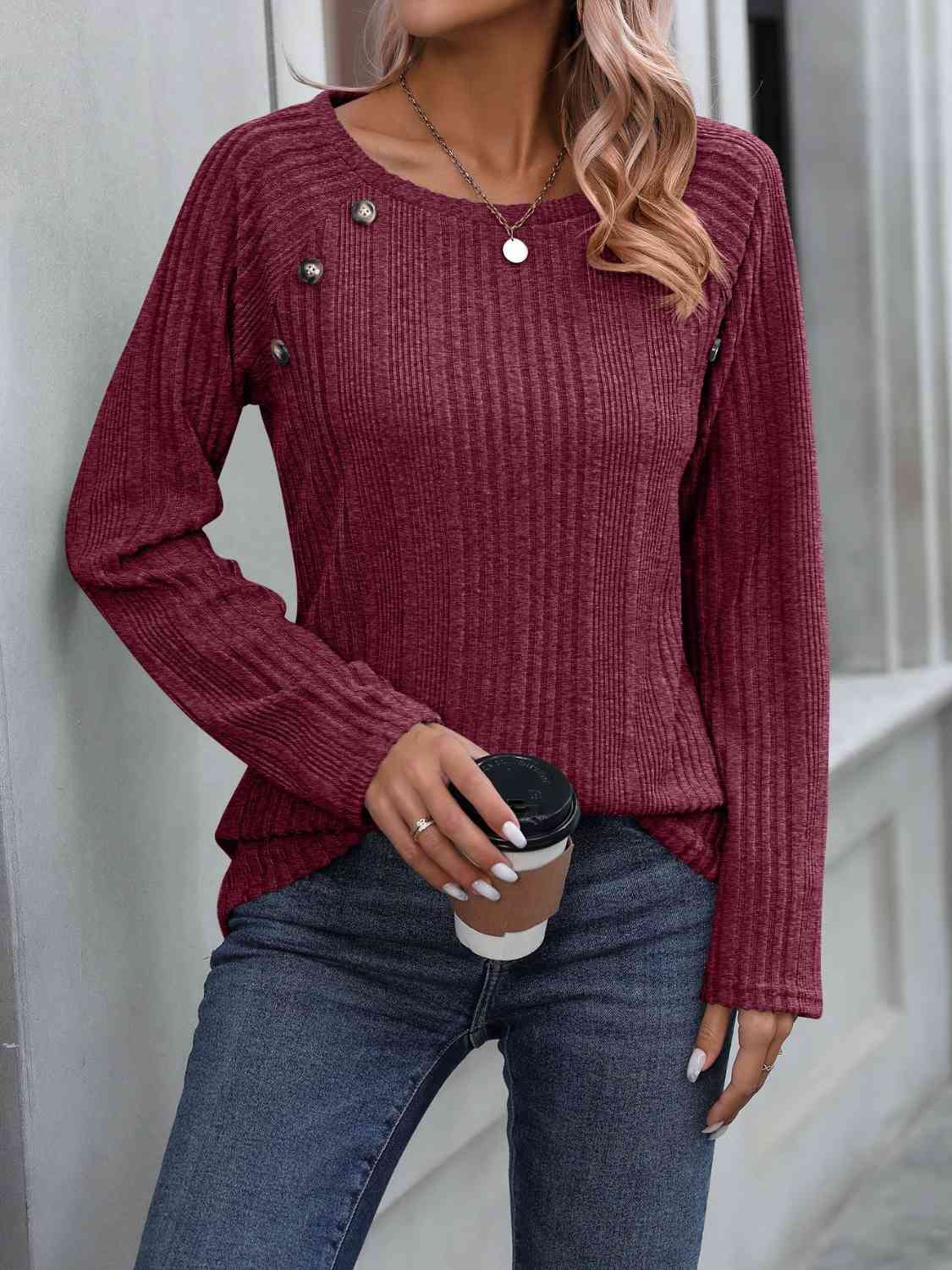Ribbed Buttoned Round Neck Long Sleeve T-Shirt BLUE ZONE PLANET