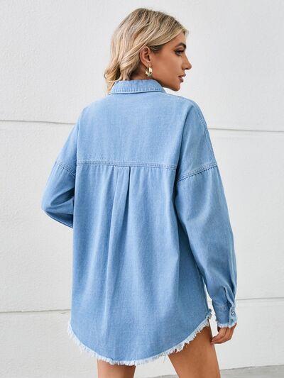 Blue Zone Planet | Distressed Raw Hem Dropped Shoulder Denim Jacket BLUE ZONE PLANET