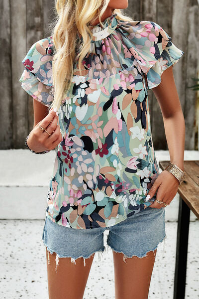 Printed Ruffled Mock Neck Blouse Trendsi