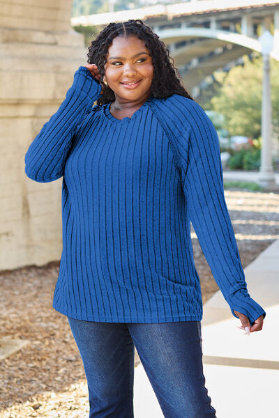 Basic Bae Full Size Ribbed Round Neck Long Sleeve Knit Top BLUE ZONE PLANET
