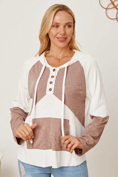 Color Block Drawstring Half Button Hoodie Trendsi