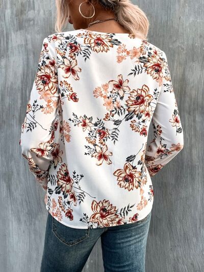 Blue Zone Planet | Printed V-Neck Long Sleeve Blouse BLUE ZONE PLANET