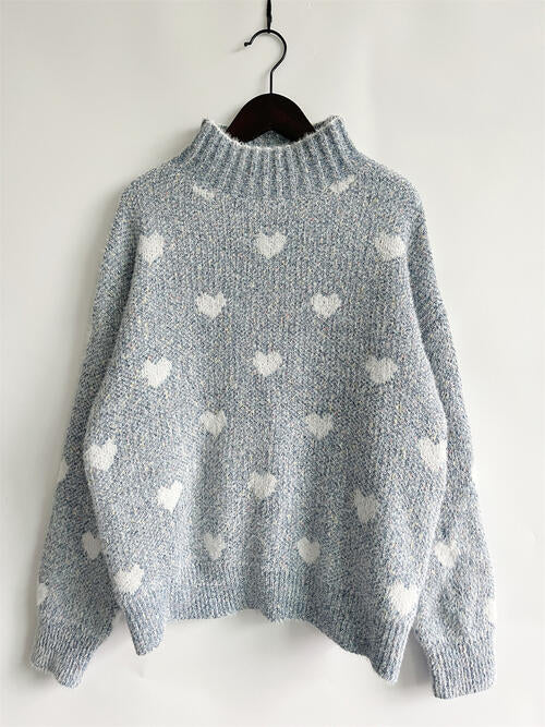Blue Zone Planet | Heart Heathered Turtleneck Drop Shoulder Sweater BLUE ZONE PLANET