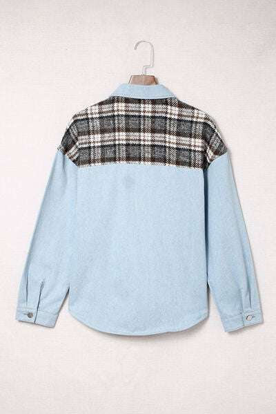 Blue Zone Planet | Plaid Pocketed Button Up Denim Jacket BLUE ZONE PLANET