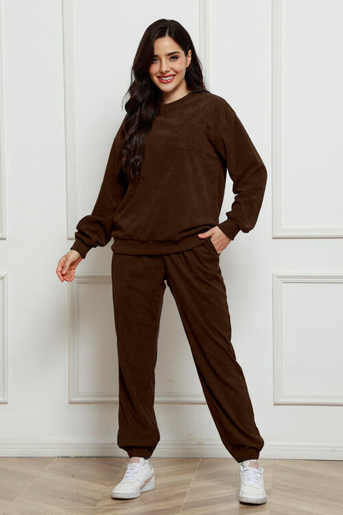 Round Neck Sweatshirt and Sweatpants Set BLUE ZONE PLANET