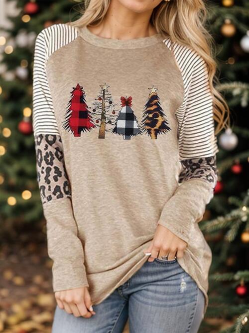 Christmas Tree Graphic Striped Long Sleeve Sweatshirt BLUE ZONE PLANET