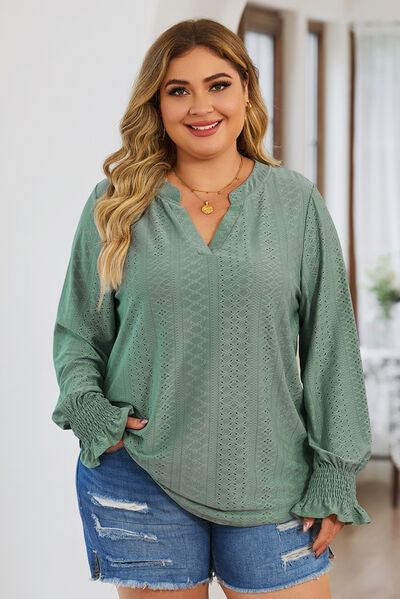 Blue Zone Planet | Plus Size Eyelet Notched Flounce Sleeve Blouse BLUE ZONE PLANET