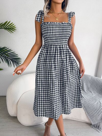 Frill Plaid Square Neck Midi Dress BLUE ZONE PLANET