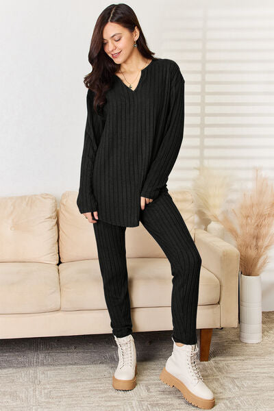 Blue Zone Planet | Basic Bae Full Size Notched Long Sleeve Top and Pants Set BLUE ZONE PLANET