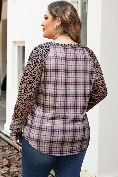 Blue Zone Planet | Plus Size Leopard Raglan Sleeve Plaid T-Shirt BLUE ZONE PLANET