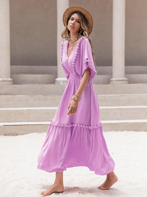 Tassel Trim Smocked V-Neck Short Sleeve Dress BLUE ZONE PLANET
